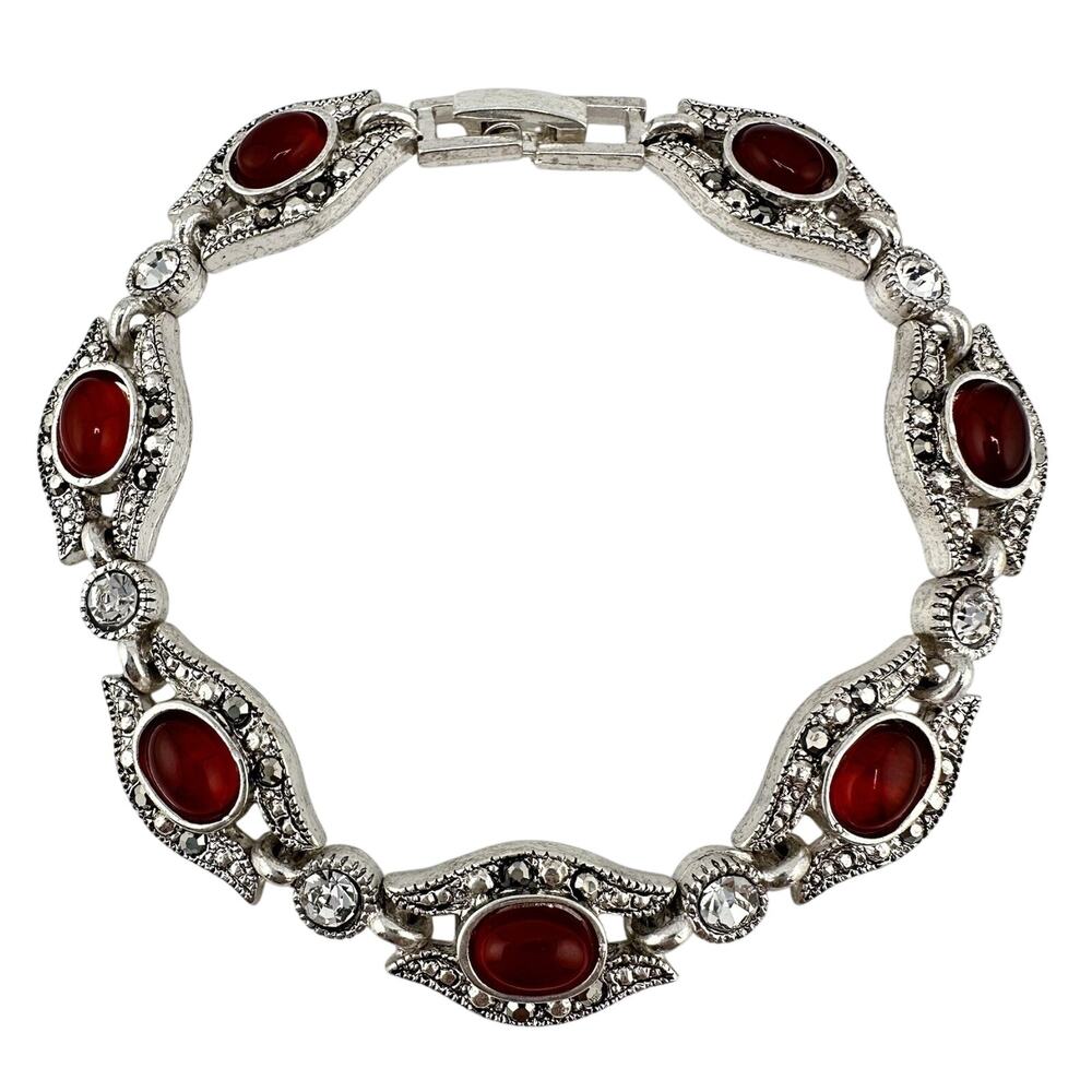 Victorian Style Red Glass Gem Cabochon Faux Marcasite Silver Tone 6.75” Bracelet